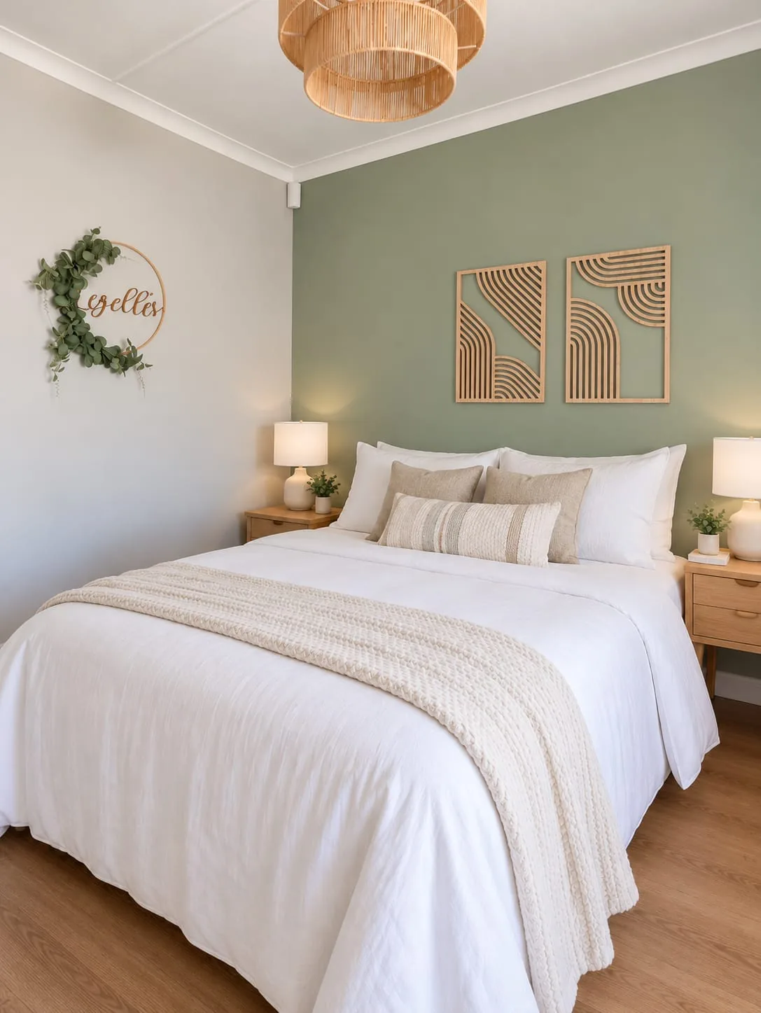 The Mountain House — Bedroom with sage feature wall