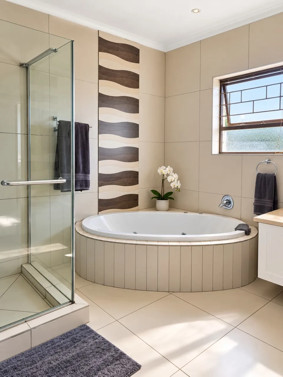 The Mountain House — Bathroom with corner bath and shower